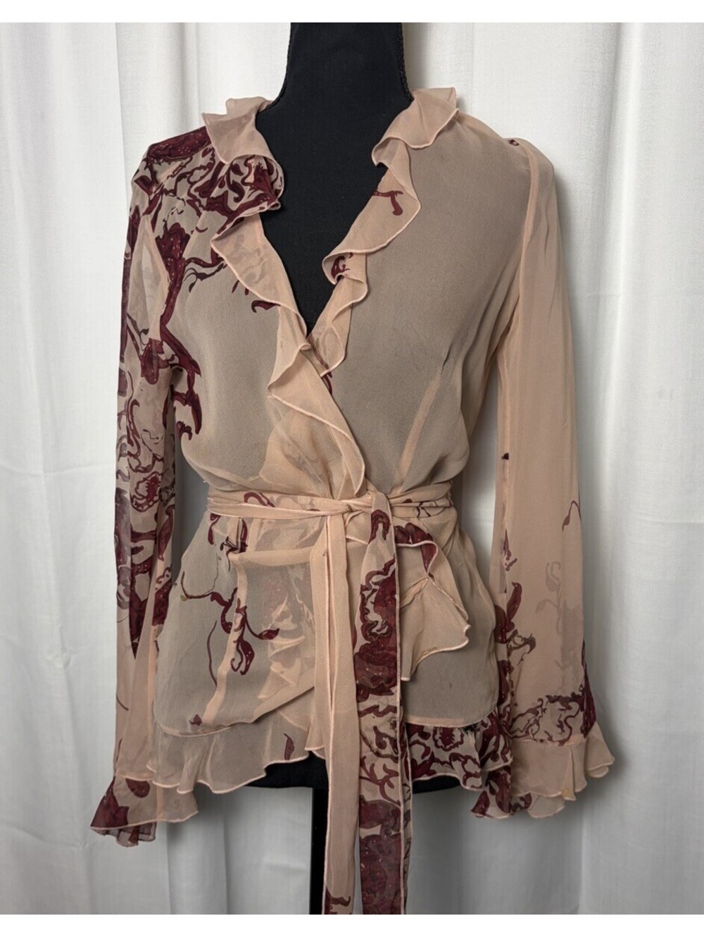 Y2K Vintage Silk Chiffon Floral Pink Burgundy Ruffle Wrap Blouse Boho Medium